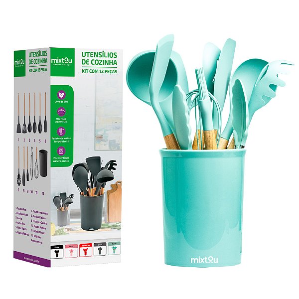Kit 12 Espátulas Concha Pegador Silicone Cozinha Verde