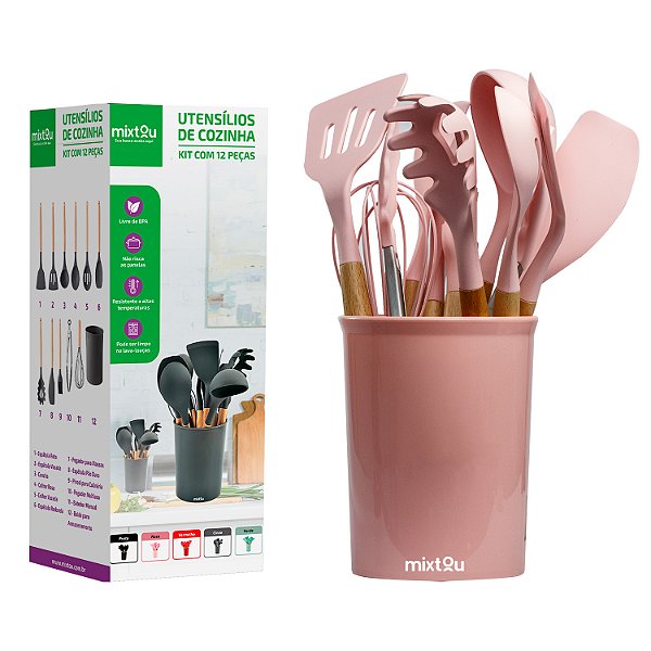Kit 12 Espátulas Concha Pegador Silicone Cozinha Rosa