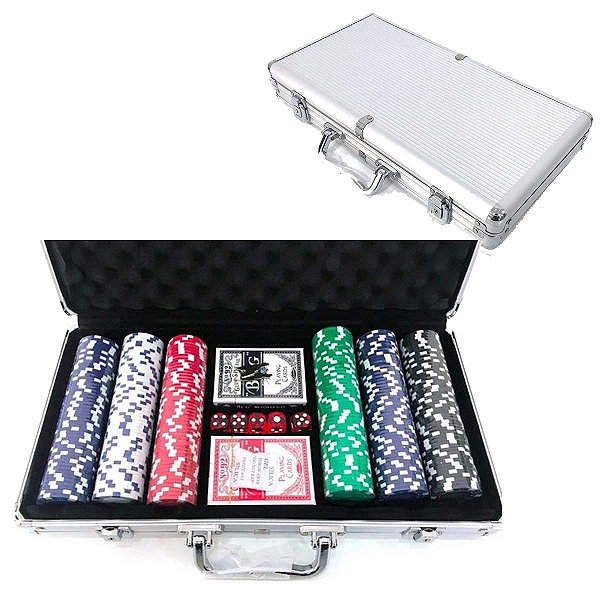 Maleta Kit Jogo Poker 300 Fichas Oficiais Baralho Dados