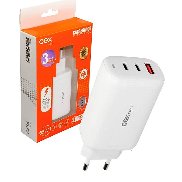 Carregador de Tomada OEX 65W 2 USB-C +1 USB Turbo Branco