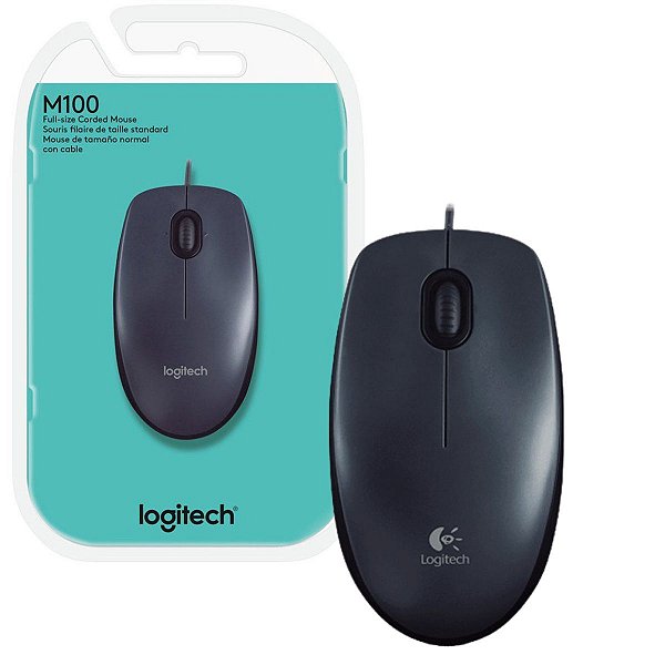 Mouse Com Fio USB Logitech Confortable M100, 1000 DPI, Preto