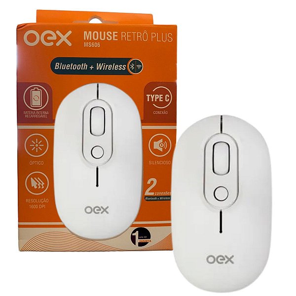 Mouse Óptico Sem Fio Recarregável Oex Ms606 Retro Branco