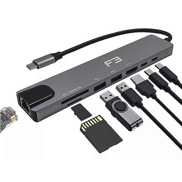Adaptador Hub Tipo C 8x1 Hdmi 4k Rede Usb 3.0 Para Macbook