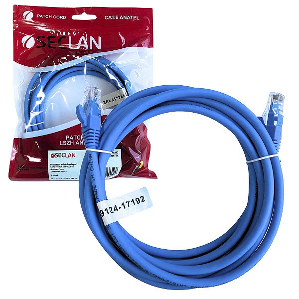Cabo De Rede 2,5M Cat6 24Awg 568B Azul Anatel Gigabit Seclan