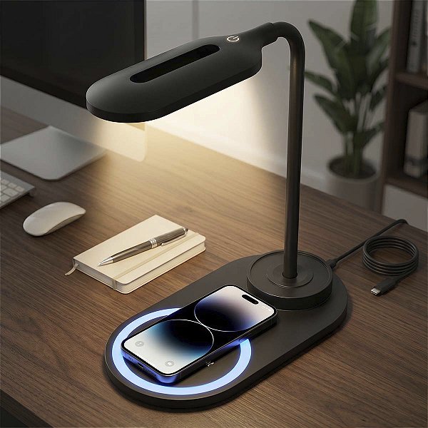 Luminaria Led De Mesa 2x1 Com Carregador Indução 15w Usb C