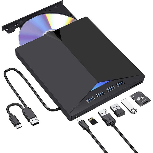 Leitor Gravador Cd Dvd Externo Usb 3.0 Usb C Com Hub Usb
