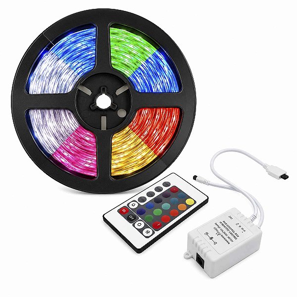 Fita Led Com Controle E Fonte Led Rgb 5050 Ip65 5 Metros