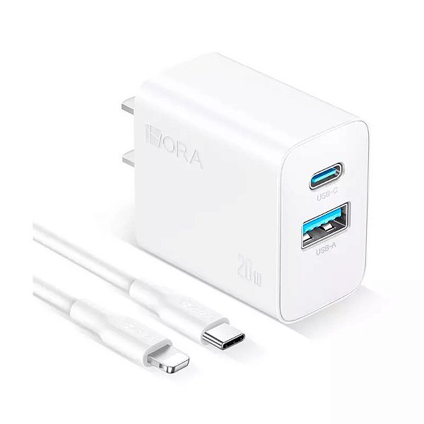 CARREGADOR PD 20W DUAS USB 18W + C 20W + CABO C LIGHTING 3A