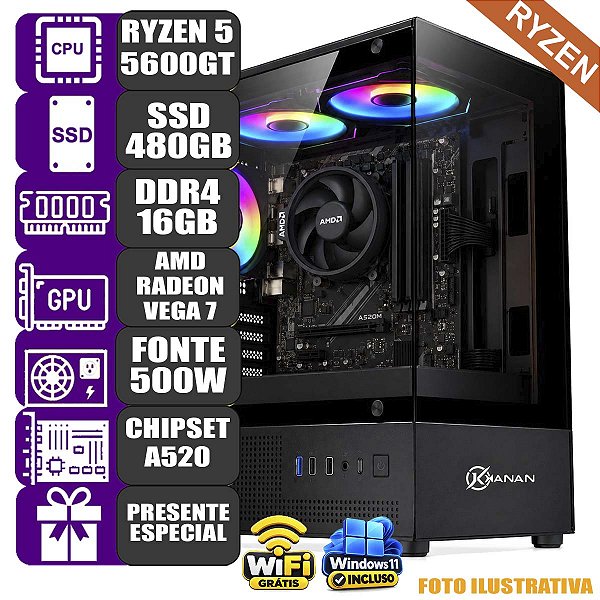Computador Mdi Gamer Ryzen 5600Gt 16Gb 480Gb 3 Fans Rgb W11
