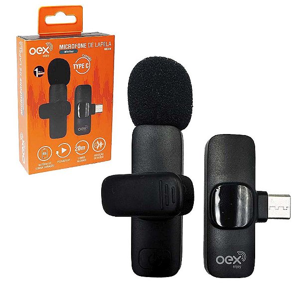 Microfone de Lapela Sem Fio Tipo C Usb C Preto OEX Android