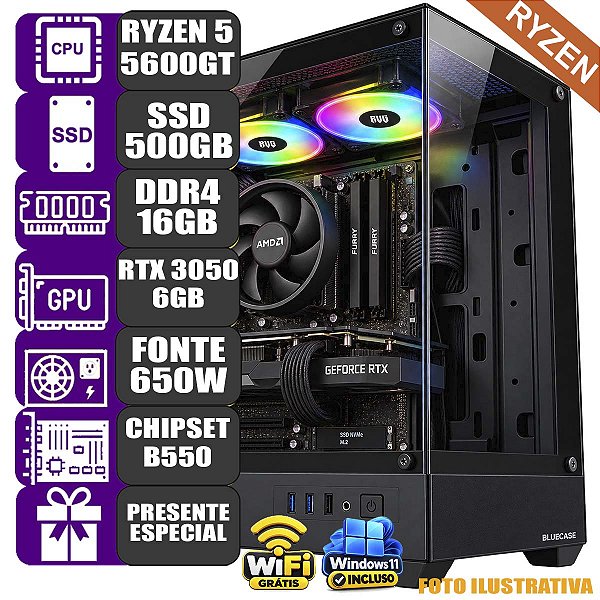 PC Gamer MDI Águia Ryzen 5 5600Gt 16Gb 500Gb 3050 6GB