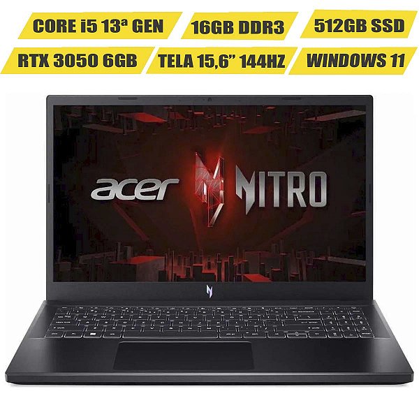 Notebook Acer Nitro V15 i5 16GB SSD 512GB RTX3050 144Hz W11