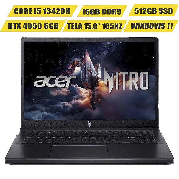 Notebook Gamer Acer Nitro V15 i5-13420H 16GB 512 RTX4050 W11