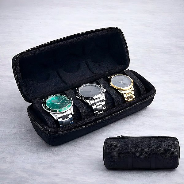 Porta Relógios Maleta Estojo 3 Slots Organizador Premium Preto