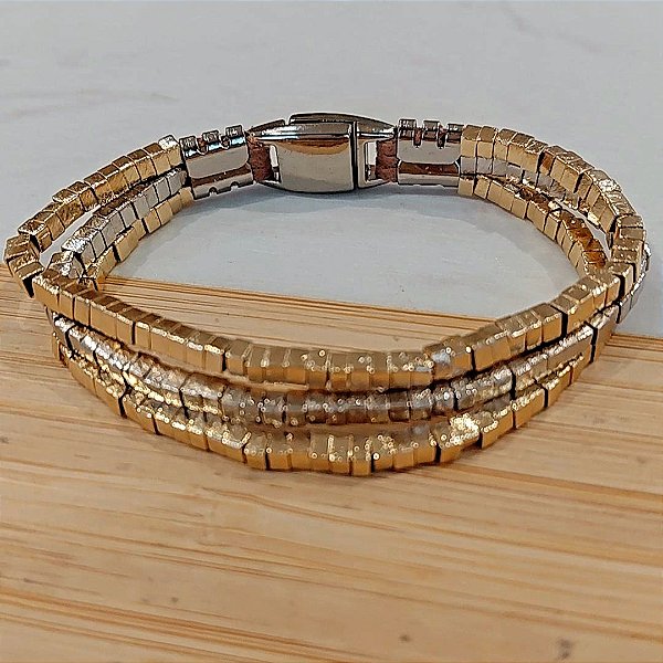 Pulseira canutilhos banhadas a ouro e rodio 3 fios