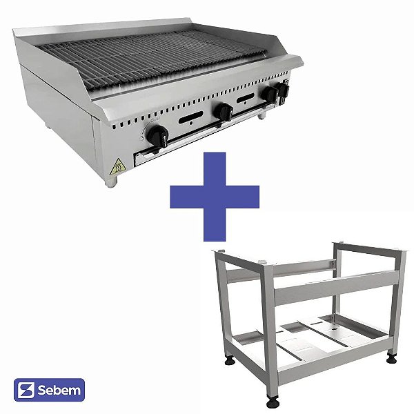 Kit Char Broiler a Gás Profissional Grelha Dupla Para Churrasco 90cm + Cavalete de Apoio Venâncio