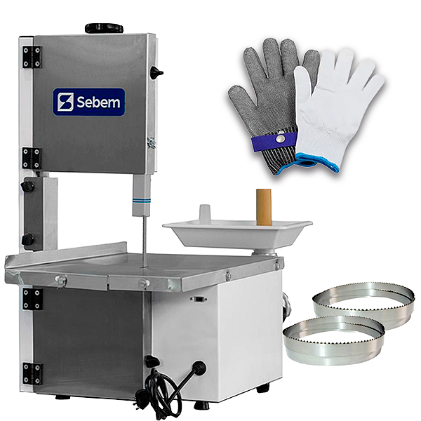 Máquina de Serra Fita com Moedor Picador Elétrica Profissional Pequena Carne Ossos + Lâmina e Luva Extra