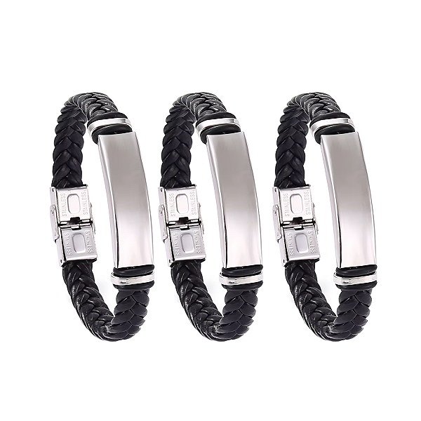 Kit 3 Pulseira Masculina Em Silicone Couro E Aço Inoxidável