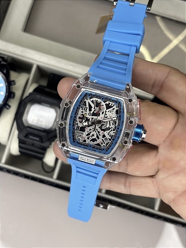 Relógio Richard Mille Premium Transparente Azul