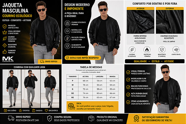 Jaqueta Masculina Couro Ecológico Premium Slim Inverno Casual