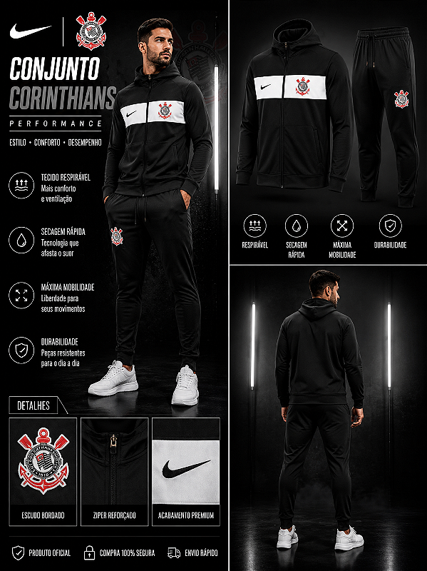 AGASALHO DE TREINO CORINTHIANS PRETO BRANCO MASCULINO