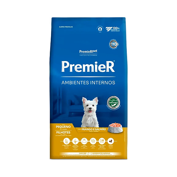 Ração Premier Pet Ambientes Internos Cães Filhotes Frango e Salmão