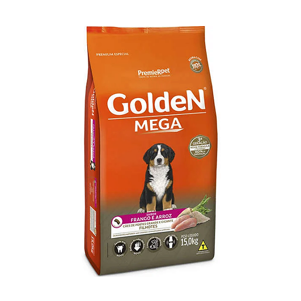 Ração Golden Mega Frango e Arroz Cães Filhotes Raças Grandes 15kg
