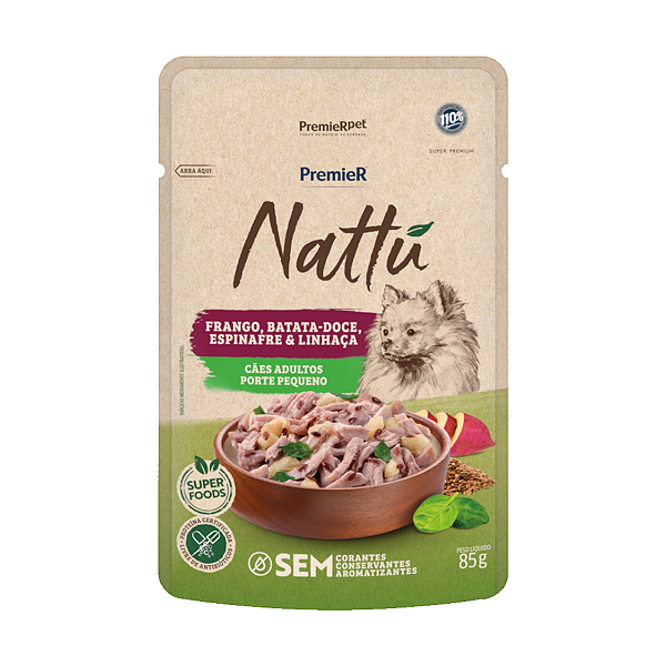 Ração Úmida Premier Sachê Nattu Frango e Batata Doce Cães Adultos Porte Pequeno 85g