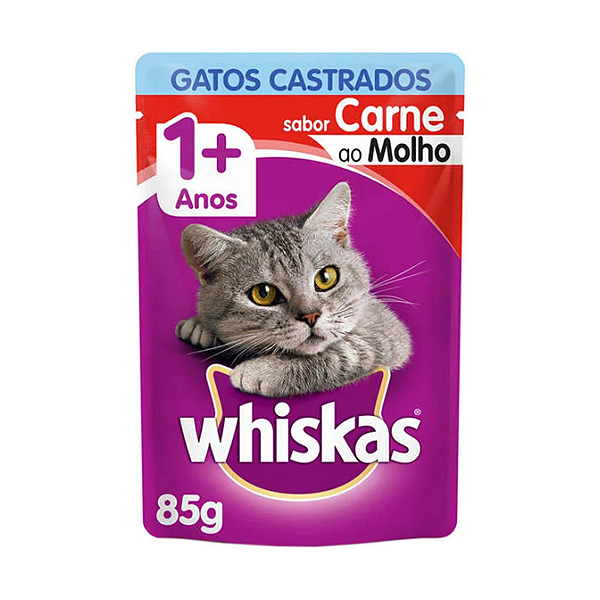 Ração Úmida Whiskas Sachê Carne ao Molho Gatos Castrados 85g
