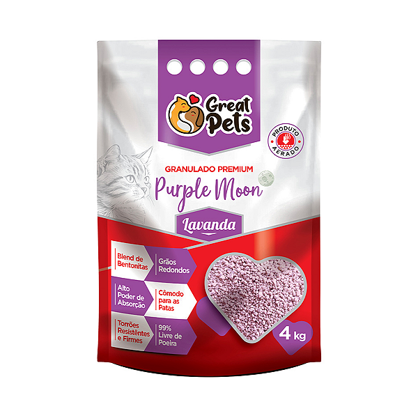Areia Higiênica Premium Bentonitas Purple Moon Perfumada Great Pets para Gatos 4kg
