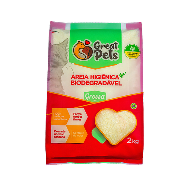 Areia Higiênica Milho e Mandioca Grossa Great Pets para Gatos 2kg