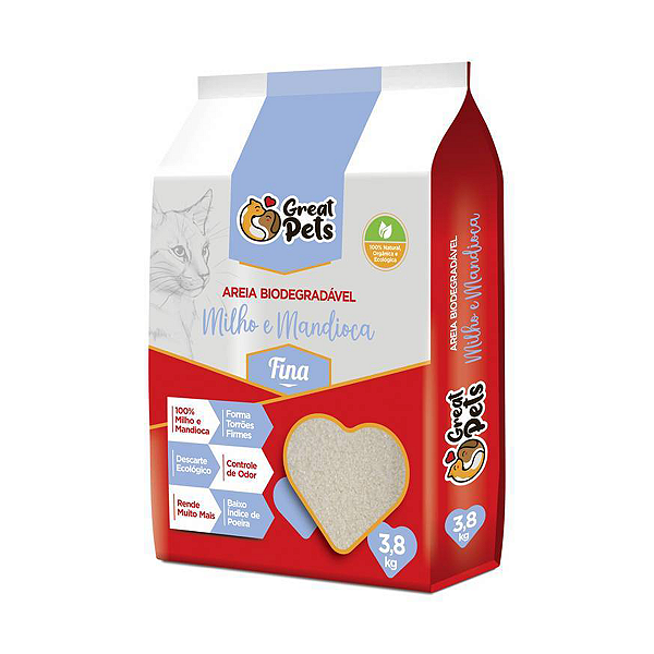 Areia Higiênica Milho e Mandioca Fina Great Pets para Gatos 3,8kg
