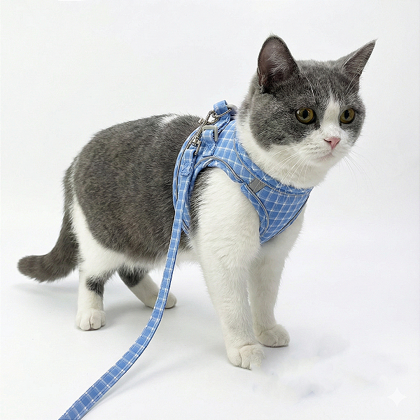 Peitoral para Gatos Xadrez Azul Tam.M