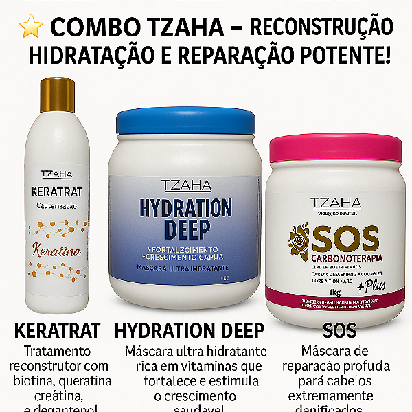 Combo Profissional Keratrat + Deep + SOS Tzaha | Cauterização + Hidratação + Nutrição | Recuperação Imediata