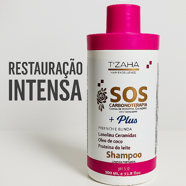 Shampoo SOS Carbonoterapia Plus T’zaha 500ml – Hidratação, Força e Reconstrução Profunda
