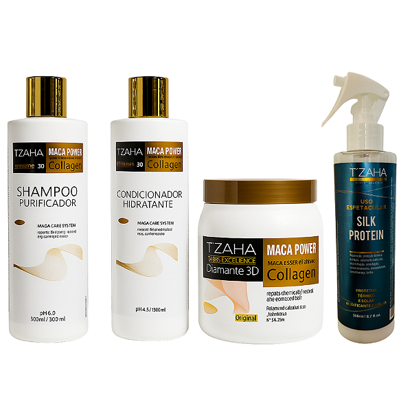 Kit Profissional T’zaha  Maca Power Shampoo + Condicionador + Máscara Uso Espetacular Silk Protein – Nutrição Completa