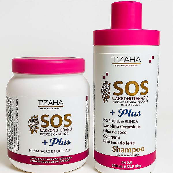Kit SOS Carbonoterapia Tzaha – Shampoo e Máscara 1kg | Hidratação, Reconstrução e Brilho Intenso