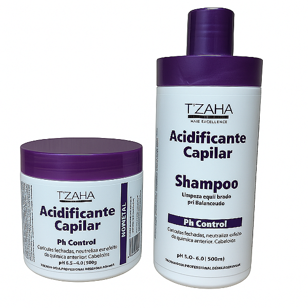Kit Acidificante Capilar Tzaha Shampoo + Máscara | PH Control Sem Metal 500ml e 500g