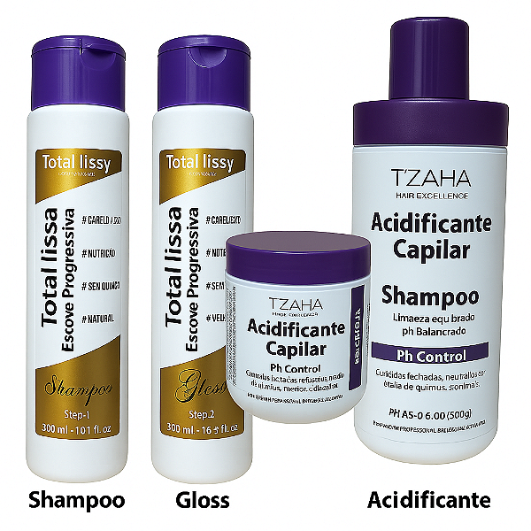 Combo Selagem & Brilho Tzaha – Shampoo Acidificante + Máscara Acidificante + Uso Espetacular