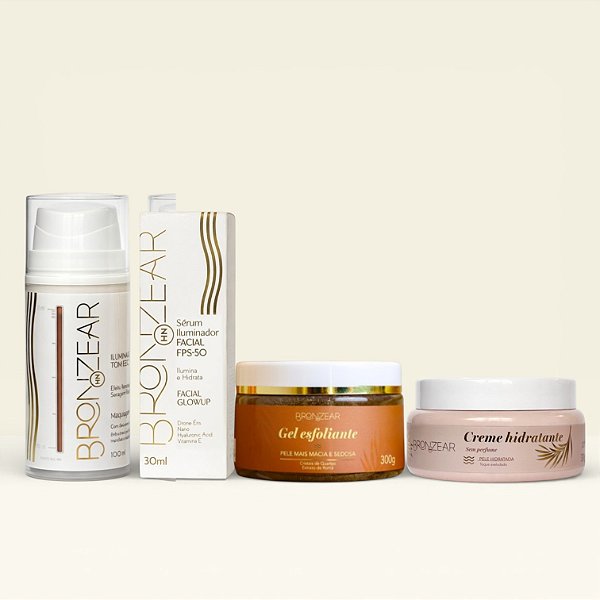 Kit Sérum Iluminador Facial + Creme Hidratante + Gel Esfoliante 300g + Iluminador Tom Bronze - Bronzear HN