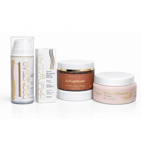 Kit Sérum Iluminador Facial + Creme Hidratante + Gel Esfoliante 300g + Iluminador Tom Dourado - Bronzear HN