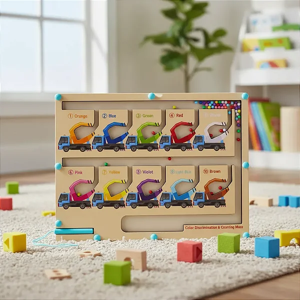 Labirinto Magnético de Madeira de Cores e Números – Brinquedo Educativo Infantil com Contagem e Coordenação