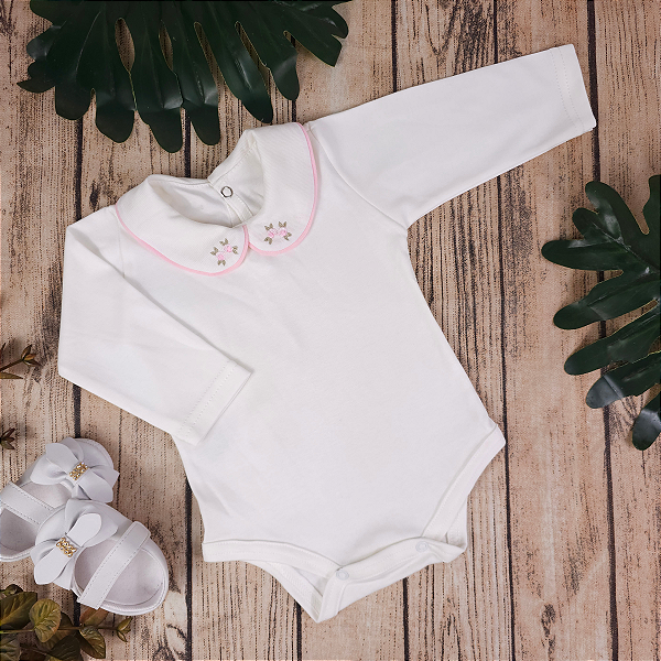 Body de Menina Gola De Rococo Manga Longa 100% Algodão