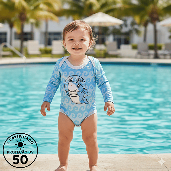 Body de Bebe Com Proteção Solar UV50 Tubarão Azul