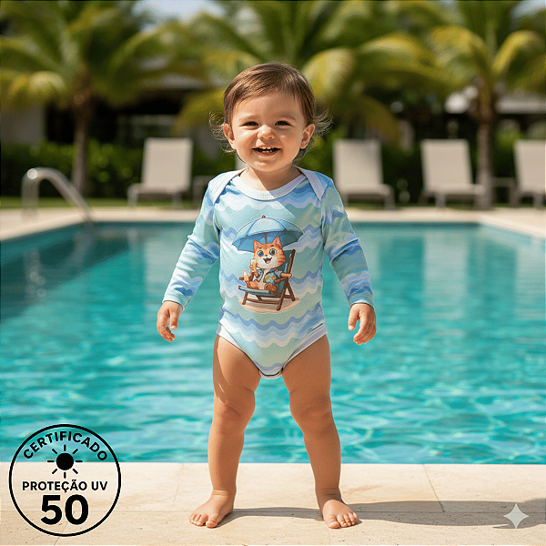 Body de Bebe Com Proteção Solar UV50 Gatinho Na Praia