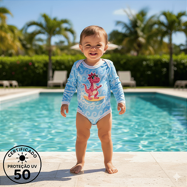 Body de Bebe Com Proteção Solar UV50 Dino Rosa