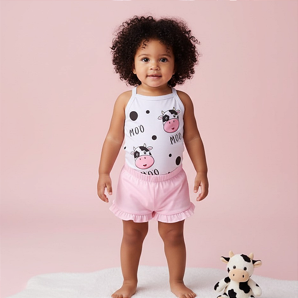 Conjunto Bebê Menina Body Alcinha e Short com Babadinho em Malha 100% Algodão Premium | Estampa DTF