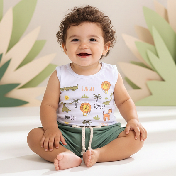Conjunto Bebê Menino – Body Regata + Short em Algodão Premium | Estampa DTF Leve e Delicada