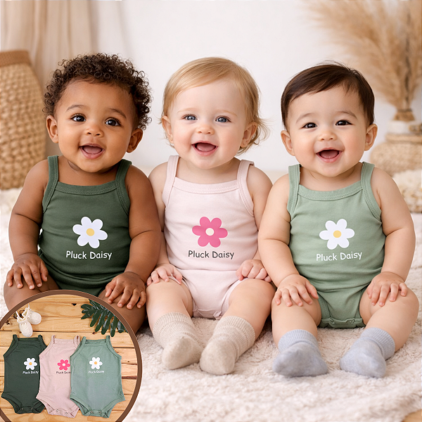 Kit Body Bebê Menina 3 Peças | Regata de Alcinha Algodão | Estampa Flor + Pluck Daisy | RN P M G