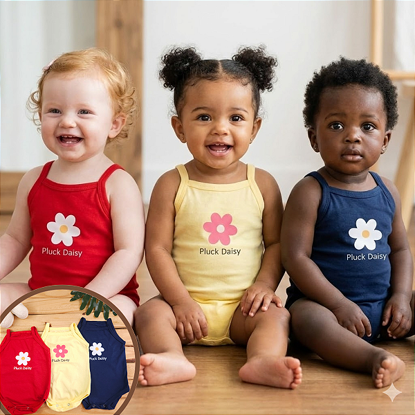 Kit Body Bebê Menina 3 Peças | Regata de Alcinha Algodão | Estampa Flor + Pluck Daisy | RN P M G